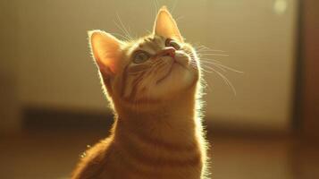 Ginger cat gazing up at sunlight in a cozy indoor setting during afternoon hours photo