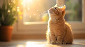 A curious orange kitten gazes at sunlight streaming through the window in a cozy room photo