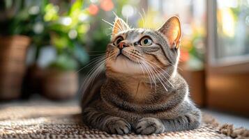 A curious tabby cat gazes upward in a sunlit room filled with green plants photo