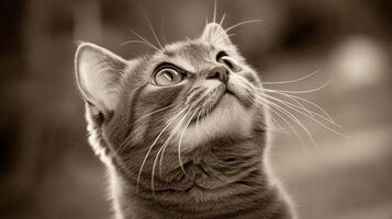 A curious cat gazes upward in a tranquil outdoor setting during golden hour photo