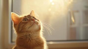 A curious orange cat gazes at sunlight streaming through a window in the afternoon photo