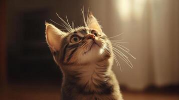 Curious kitten exploring its surroundings in soft afternoon light at home photo