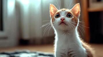Curious kitten gazes in wonder during a sunny afternoon in a cozy indoor space photo