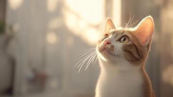 A curious cat gazes upward in warm afternoon light streaming through a window photo