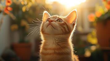 A curious kitten gazing upward as sunlight filters through garden flowers in the evening photo