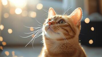 A curious orange tabby cat gazing at sunlight with sparkling dust particles in the air photo