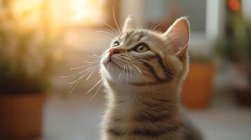 A curious kitten gazes upward in warm, natural light on a sunny afternoon indoors photo
