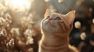 A curious orange kitten gazes upward in a sunlit garden filled with soft flowers photo