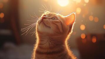 A curious orange tabby cat gazes upward in a warm, sunlit environment during evening twilight photo