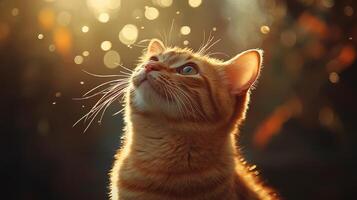 A curious orange tabby cat gazing upward in a sunlit garden surrounded by shimmering bokeh photo