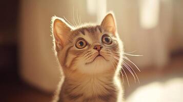 Curious kitten observes its surroundings in warm sunlight streaming through a window photo