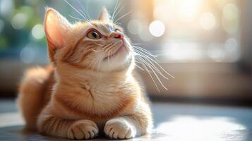 Playful ginger cat lounging indoors, soaking up warm sunlight in a cozy setting photo