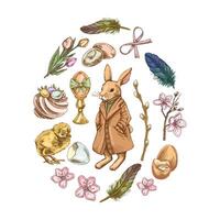 Colored Easter egg shape with rabbit, chick, bow, willow, feathers, eggs, flowers, and festive elements in sketch style vector