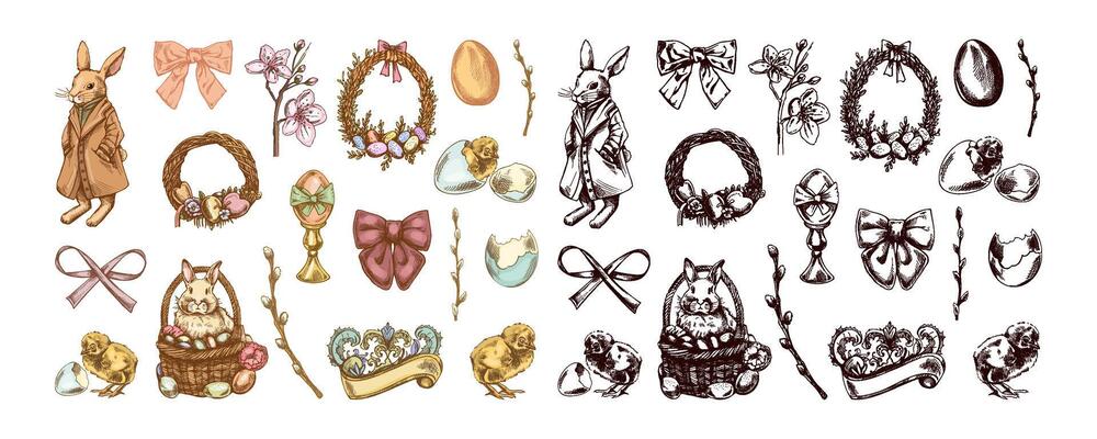 Vintage hand drawn colored and black Easter set with rabbits eggs bows wreaths willow branches and spring elements