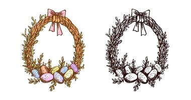 Hand drawn vintage colored and black sketch of an Easter wreath with eggs and bow vector