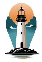 Illustration of a lighthouse at sunset, on the rocks and reflection in the water. There is the sky with clouds and a big sun with a pinch of art deco style. vector