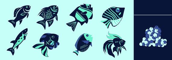 Underwater fish collection with salmon, goldfish, carp, discus, regal blue tang, fish roe. Editable icon elements, size and color. vector