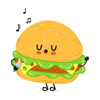 A happy cartoon burger character joyfully sings into a microphone on a white background. vector