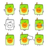 A collection of cute, expressive orange juice boxes in a playful and cheerful illustration. vector