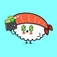 A charming sushi character, with dollar eyes, proudly holding a wallet filled with money and a credit card. vector