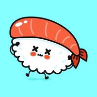 A charming cartoon sushi character with crossed eyes, depicting it is unwell against a vibrant blue backdrop. vector