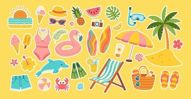 A collection of stickers depicting various beach and pool items, including a flamingo, a surfboard, a camera, a chair, a hat, a bikini, a watermelon, a pineapple, a cup, a bottle, a pair of flip fl vector