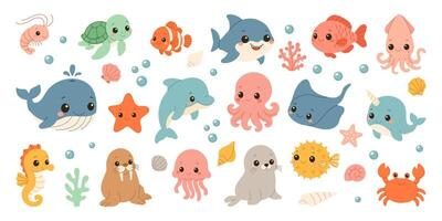 A collection of cartoon sea creatures including a whale, octopus, and starfish. The image has a playful and whimsical mood vector