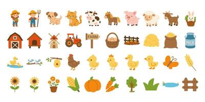 A farm scene with a variety of farm animals and farm objects. The farm animals include a chicken, a cow, a pig, and a goat. The farm objects include a tractor, a barn, a basket, and a cart vector