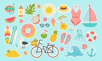 A collection of stickers featuring various beach and summer-related items such as a surfboard, sunglasses, a bicycle, a boat, and a pineapple vector