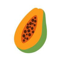 A cartoon drawing of a peeled orange with a green stem. The orange is sliced open and the seeds are visible vector