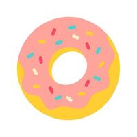 A cartoon donut with sprinkles on it. The donut is pink and yellow. The sprinkles are in various colors and are scattered all over the donut vector