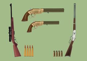 A set of guns and ammunition on a green background vector