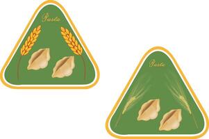 Italian pasta label featuring wheat and uncooked pipe rigate on green triangular background vector