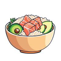 A bowl of rice with salmon, avocado and rice vector