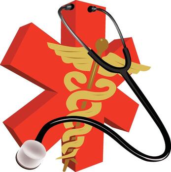 A medical symbol with a stethoscope and a red star vector