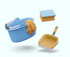 Plastic bucket with gloves, scoop, sponge with different levels of hardness vector