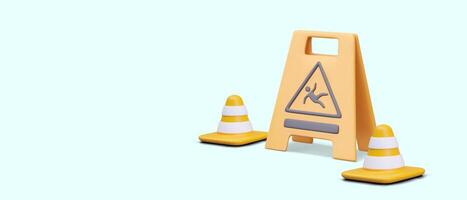 composition, concept of wet floor marking. Signal cones, warning sign vector