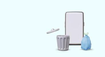 Realistic smartphone with blank screen, trash can, bag with ties vector