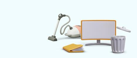 Concept of cleaning information from computer. Realistic vacuum cleaner, folder vector