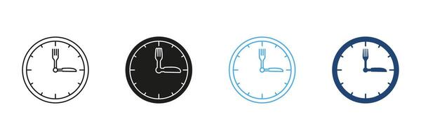 Fork And Knife As Clock Hands Indicating Time To Eat Line and Silhouette Icon Set. Mealtime Or Lunchtime Schedule Outline and Solid Symbol. Isolated Illustration vector