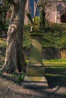 A weathered stone monument surrounded by greenery and a large tree, with Liverpool Cathedral's red sandstone facade visible in the background. photo