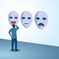 A man is confused about which face to use. A metaphorical illustration of lies, fake faces and hypocrisy in business. vector