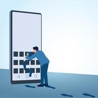 A man examines a cellphone that has left footprints. A metaphorical illustration for digital footprints, browser history and tracking. vector