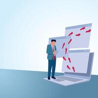A man writes in a book and there is a web view with footprints. A metaphorical illustration for digital footprints, browser history and tracking. vector