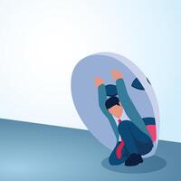 A man comes out of a large face mask. A metaphorical illustration of lies, false faces and hypocrisy in business. vector