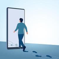 A man walks into a cell phone leaving footprints. A metaphorical illustration of digital footprints, browser history and tracking. vector