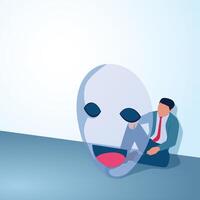 A man sits dejectedly behind a smiling face. A metaphorical illustration of lies, falsehood and hypocrisy in business. vector