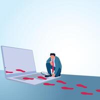 A man observes footprints that enter the laptop screen. A metaphorical illustration for digital footprints, browser history and tracking. vector