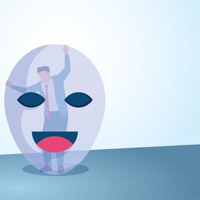 A man hiding behind a large face mask. A metaphorical illustration of lies, false faces and hypocrisy in business.