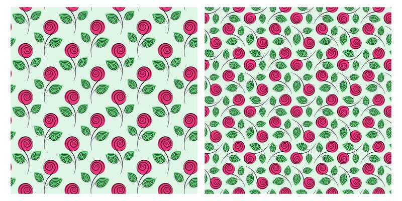 Hand drawn Blossom Rose Floral Seamless Pattern Springtime Background in trendy colorful tint Set. Isolated design Wrapping Wallpaper Thematic cards or web promo banner, leaflets, labels, tag
